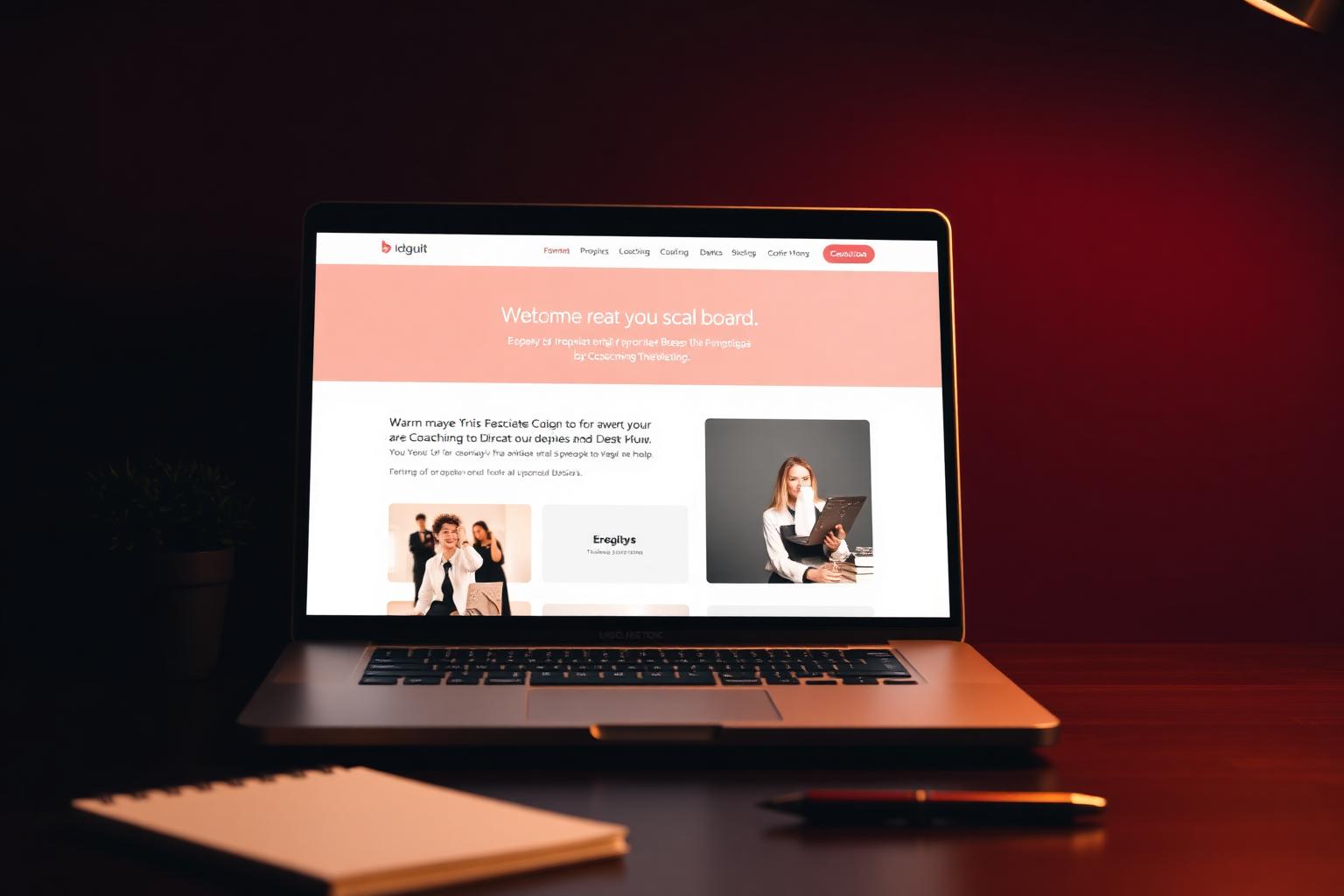 A warm, premium laptop workspace showing a custom website design for a teacher's coaching business